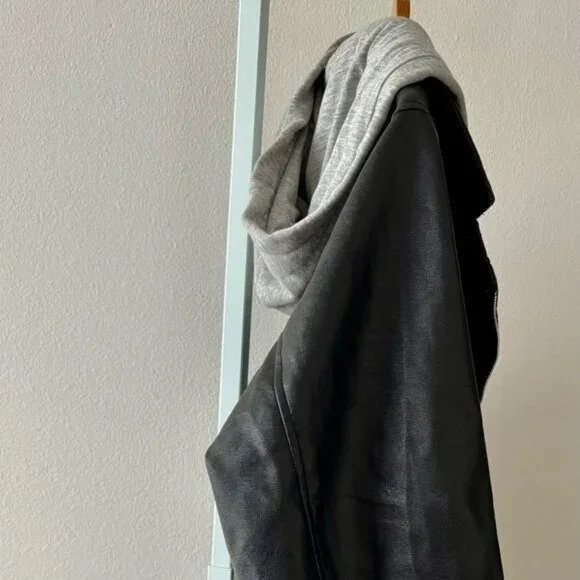 Rue 21+ Jacket 3X Retro Moto Zip Faux Leather Hood Mixed Media Streetwear Grunge - Picture 9 of 11